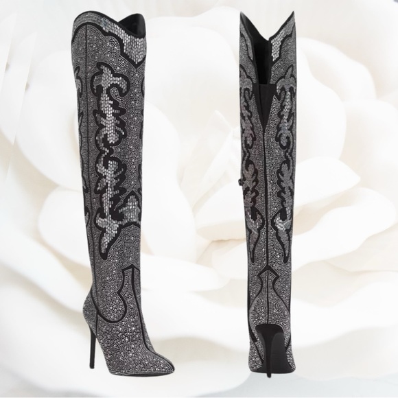 Rhinestone Embellished Thigh High Western Cowgirl Stiletto Boots - Picture 4 of 4